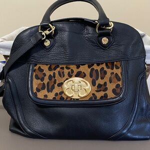 EMMA FOX BLACK LEATHER/ANIMAL PRINT SATCHEL